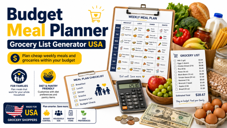 Budget Meal Planner + Grocery List Generator USA | Cheap Weekly Meal Plans