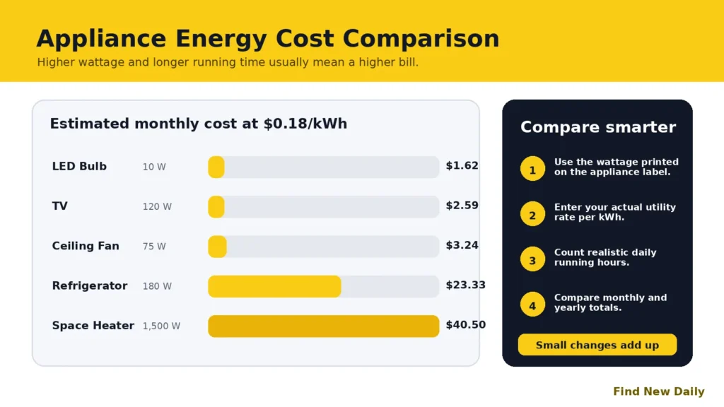 Appliance energy cost comparison for Electric Bill Cost Calculator USA – Estimate Appliance Electricity Cost