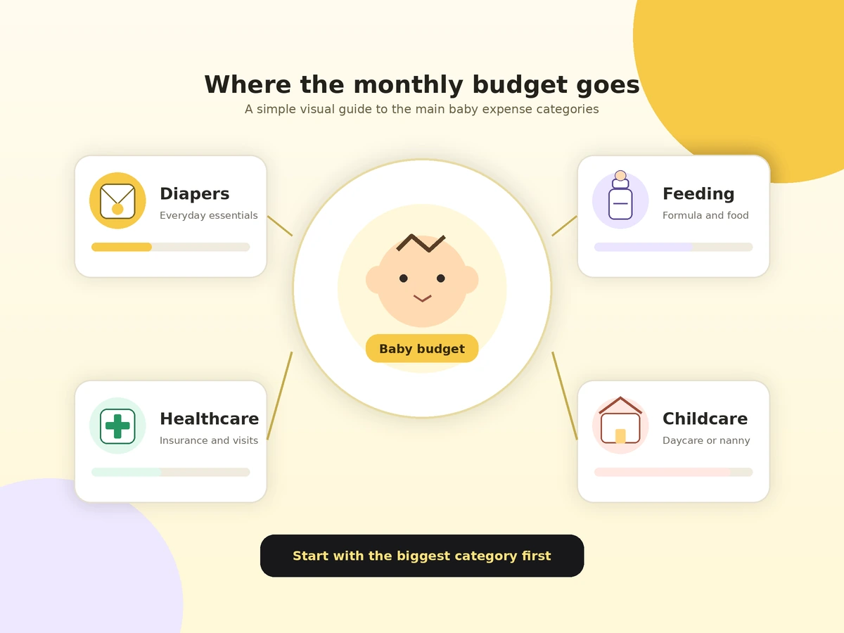 Baby expense categories including feeding, diapers, healthcare and childcare