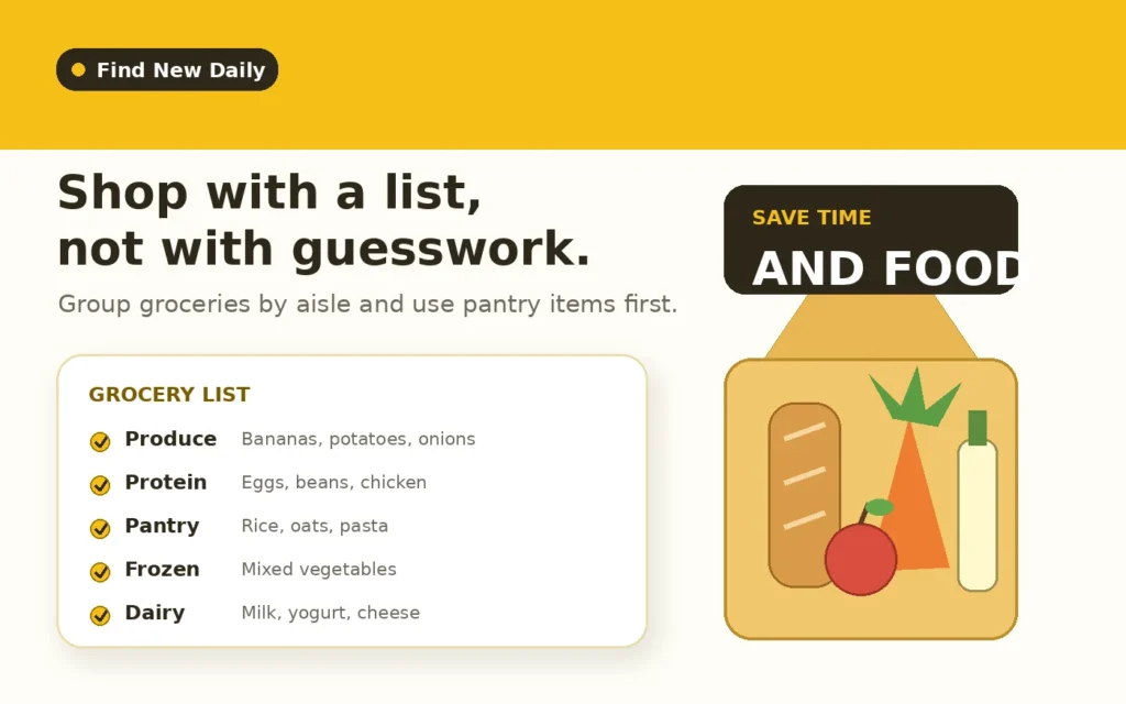 Organized grocery list example for Budget Meal Planner + Grocery List Generator USA | Cheap Weekly Meal Plans