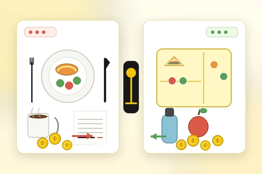 Visual comparison of eating out and packing lunch for Eating Out vs Packing Lunch Calculator – Lunch Savings Calculator