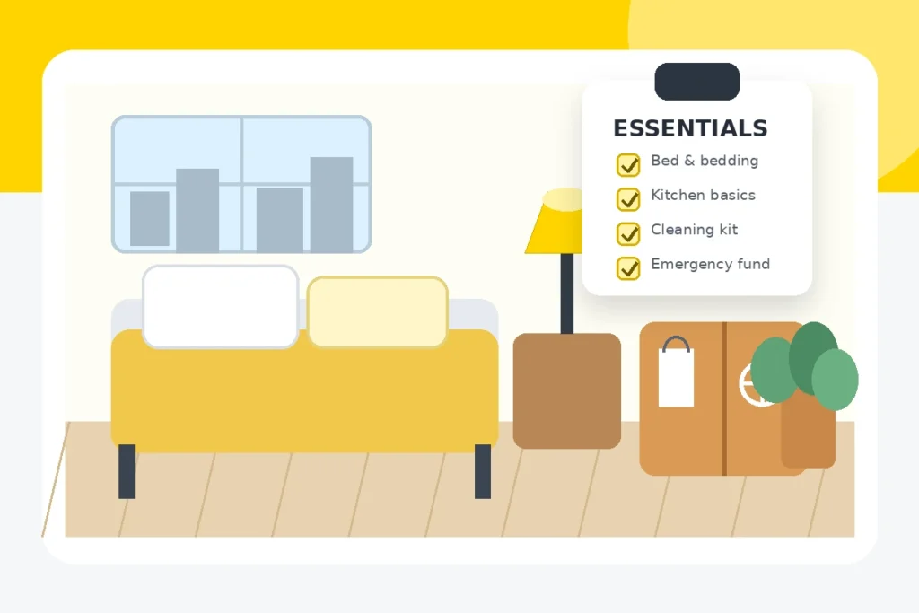 First apartment essentials and moving checklist illustration