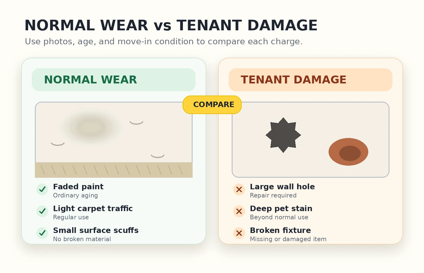 Visual comparison of normal rental wear and tenant-caused damage