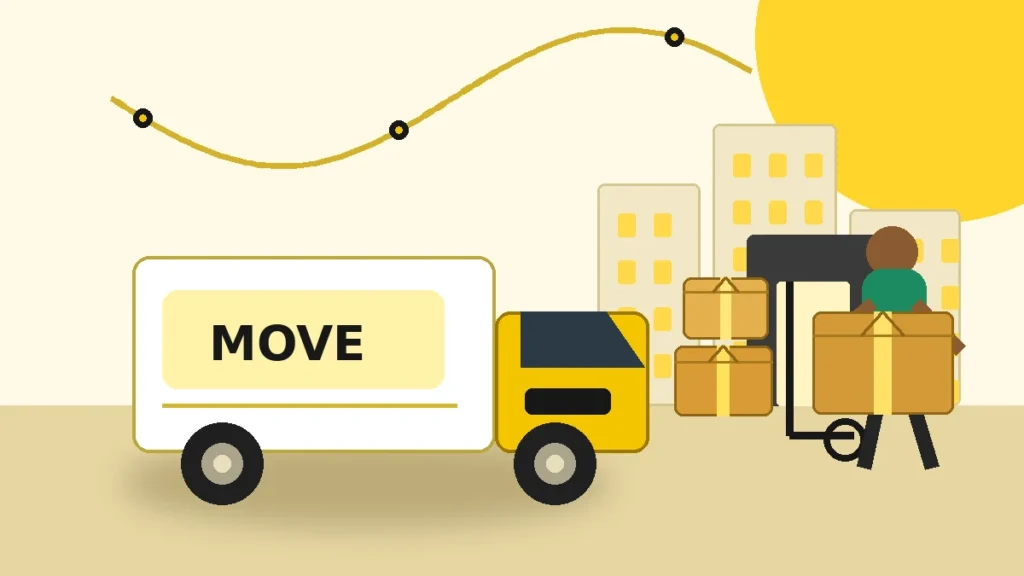 Renter moving day illustration with a truck, apartment, and packed boxes