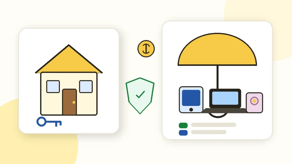 Renters insurance coverage guide illustration with home and personal belongings