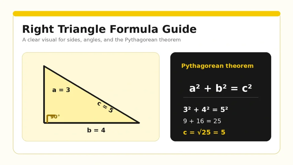 Right triangle formula guide showing the Pythagorean theorem