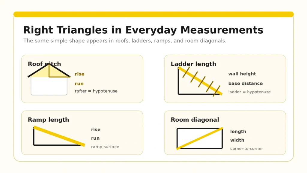 Real-life right triangle measurements for a roof ladder ramp and room diagonal