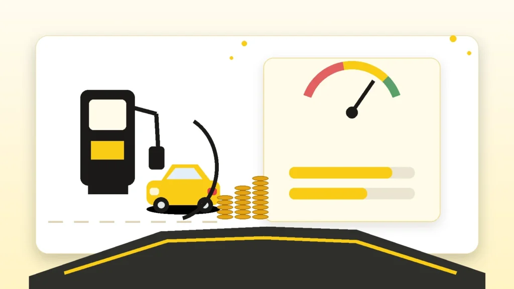 Fuel budget illustration with gas pump, mileage, and travel savings