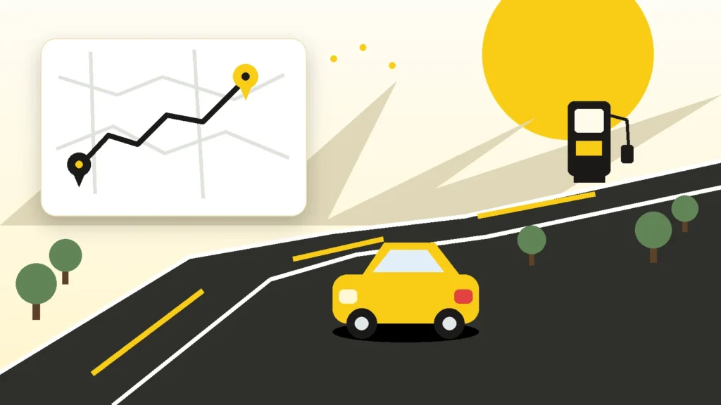 Road trip route planning with a car, fuel stop, and destination