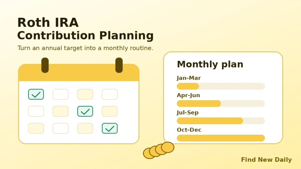 Roth IRA Calculator 2026 – Estimate Contribution Limits, Growth & Eligibility monthly contribution planning illustration