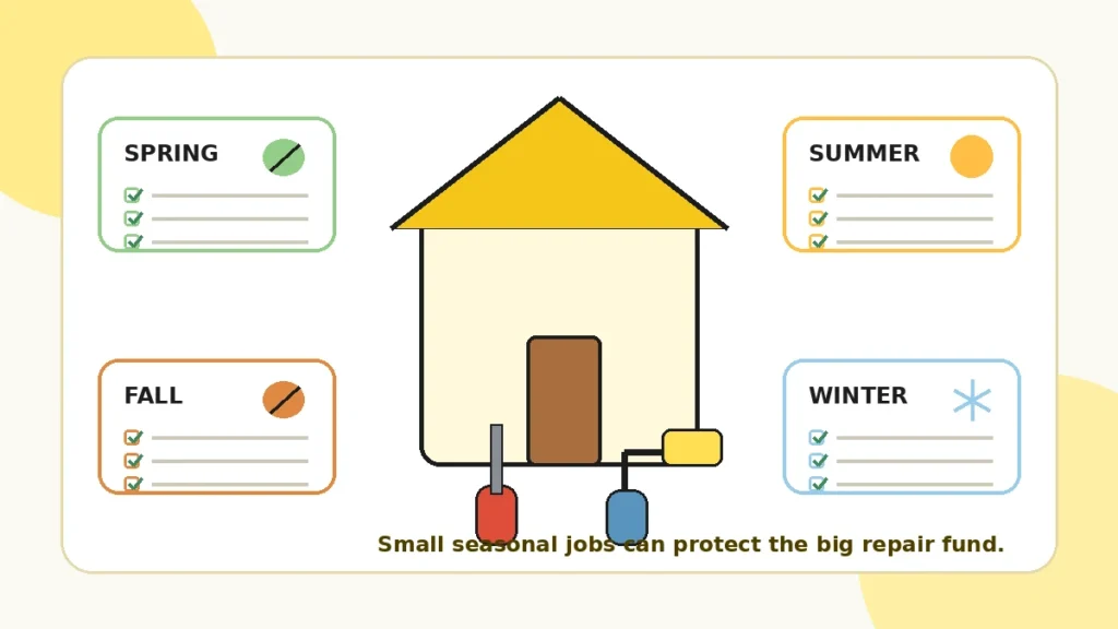 Seasonal home maintenance checklist with tools and a house
