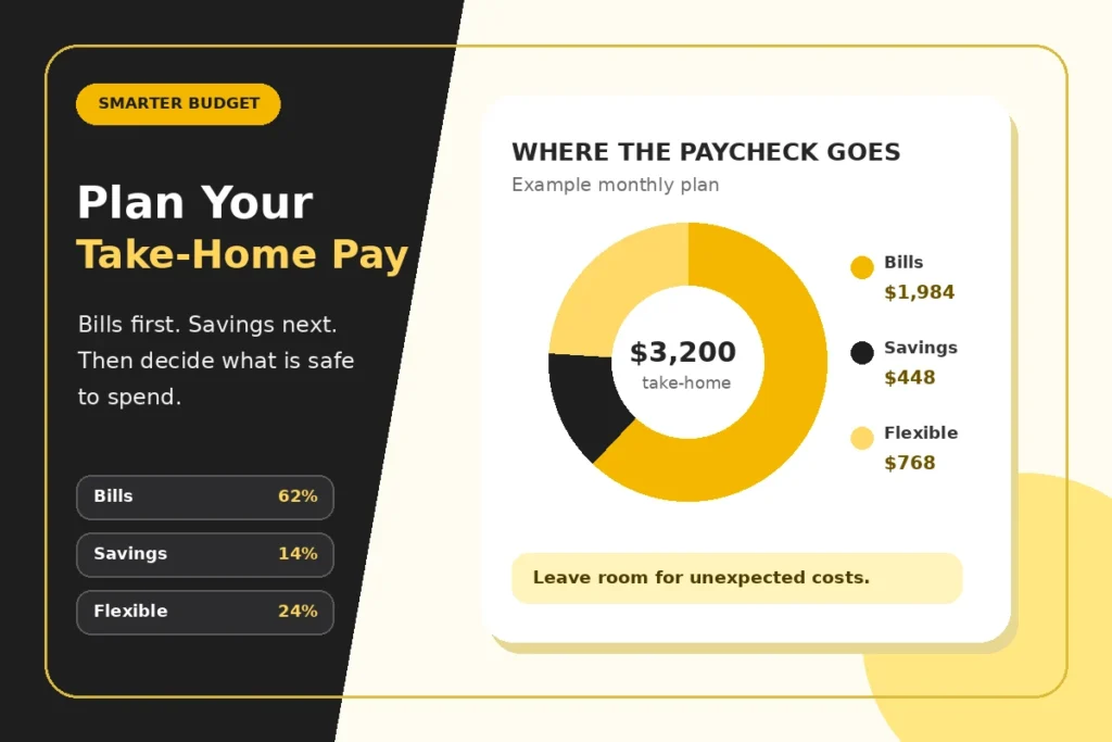 Take-home pay planning with bills, savings, and emergency money