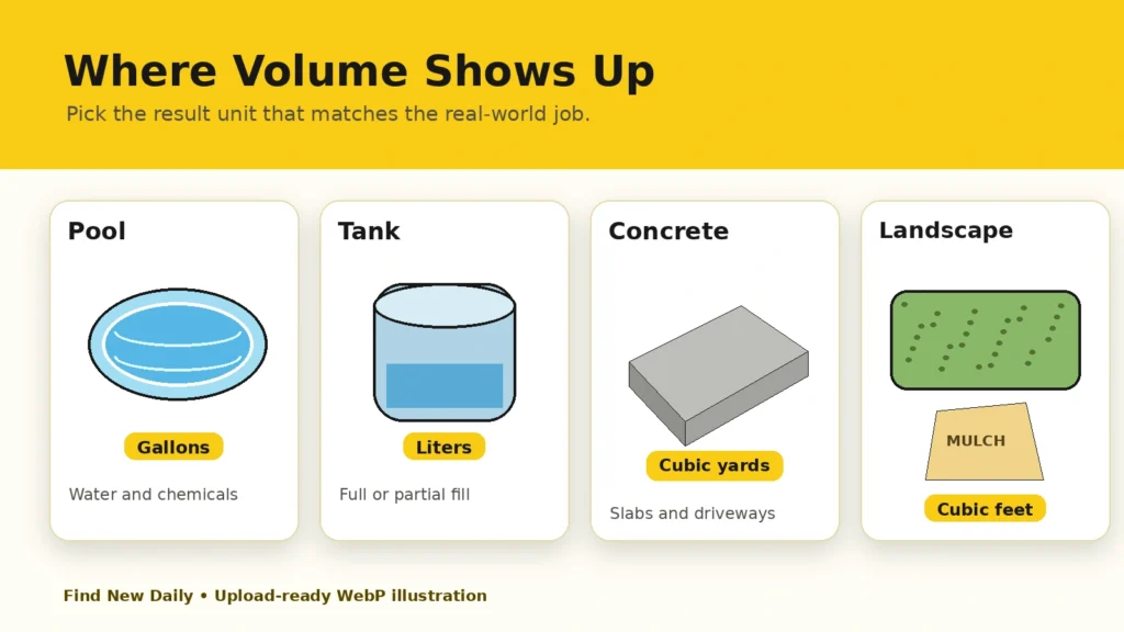 Pool tank concrete and landscaping uses for Volume Calculator