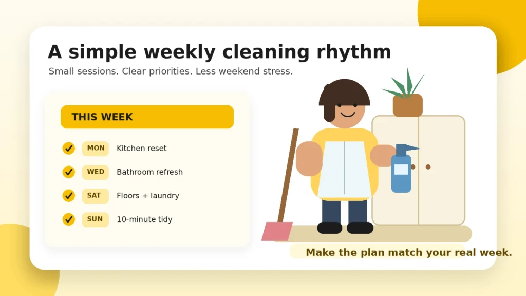Simple weekly cleaning routine with a checklist and household supplies